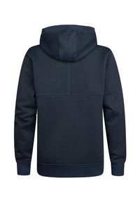Felpa con cappuccio blu navy in tessuto testurizzato. Caratterizzata da un cappuccio, maniche lunghe e polsini e orlo a costine. La vista posteriore mostra minimi dettagli delle cuciture.