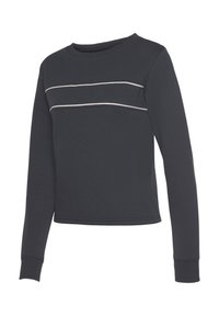 Dunkelgrauer Langarm-Sweatshirt aus weichem Stoff, mit zwei horizontalen weißen Streifen über der Brust sowie gerippten Bündchen und Ausschnitt.