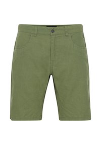 Žalios medvilninės šortai su lygiu priekiu, dviem priekinių kišenių ir vienu mygtuko užsegimu. Lygus audinys su laisvalaikio dizainu.