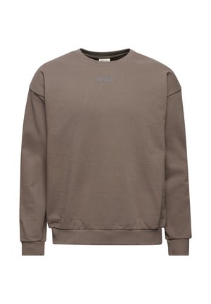 Brun sweatshirt i blødt stof med rund hals, sænkede skuldre og diskret "HALO" tekst i lys blå på brystet.