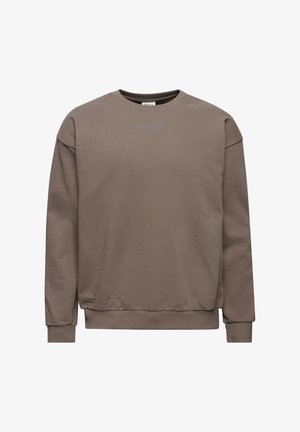 Bruine sweatshirt van zachte stof, met een ronde hals, verlaagde schouders en subtiele "HALO" tekst in lichtblauw op de borst.