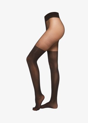 Sheer black thigh-high stockings with a wide brown band at the top. Smooth texture, fitted design, and open-toe style.