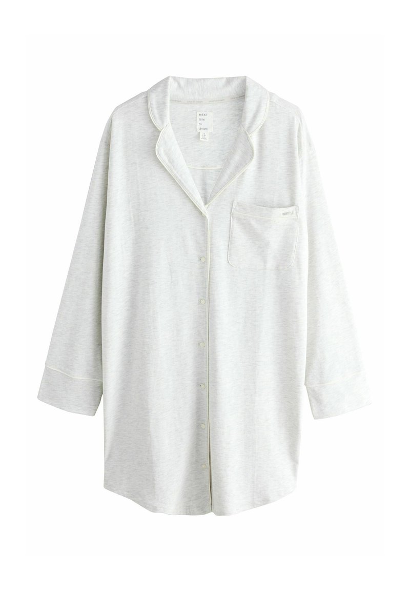 Light gray pajama shirt with a collar, front pocket, and button closure. Features long sleeves with a relaxed fit and contrasting trim.