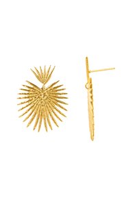 Pendientes en tono dorado con un diseño de estallido solar, que presentan picos texturizados irradiando hacia afuera y un cierre de tipo post-back.