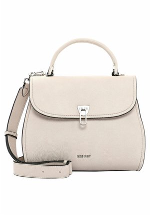 Sac à main en cuir beige avec poignée supérieure, fermeture à boucle argentée, bandoulière amovible et logo de marque discret au centre avant.