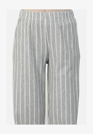 Pantaloni leggeri a righe grigie con un motivo testurizzato, dotati di una vita elasticizzata e una vestibilità ampia. Schema di colori bianco e grigio.