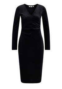 Musta pitkähiha mekko, jossa on v-pääntie. Mekossa on kerroksittain päällekkäisiä raitoja muistuttava tekstuuri, vartalonmyötäinen leikkaus ja polvenmittainen helma.