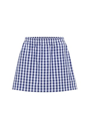 Blue and white gingham check elastic waist skirt with an A-line shape on a white background.