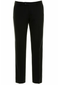 Pantalones negros ajustados con un diseño de pierna recta, que cuentan con un cierre de un solo botón y una textura sutil, hechos de una tela ligera.