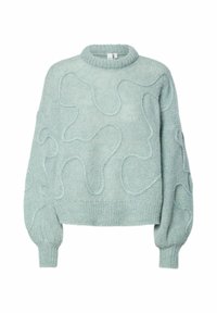 Jasnozielony sweter z okrągłym dekoltem, fakturowanym falistym wzorem i balonowymi rękawami. Wykonany z przyjemnego materiału dzianinowego, z prążkowanymi mankietami.