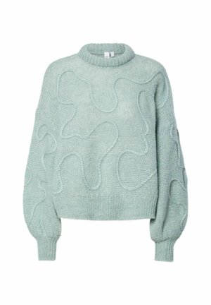 Suéter verde claro con cuello redondo, patrón texturizado en ondas y mangas abullonadas. Está hecho de un material de punto acogedor, con puños acanalados.