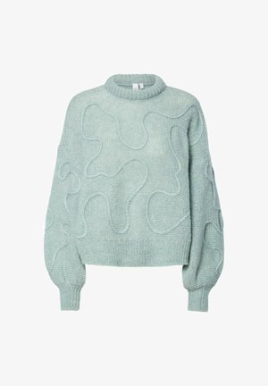 Jasnozielony sweter z okrągłym dekoltem, fakturowanym falistym wzorem i balonowymi rękawami. Wykonany z przyjemnego materiału dzianinowego, z prążkowanymi mankietami.
