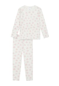 Weißes geripptes Langarmoberteil und Hose mit einem hellpinkfarbenen Herzmuster und Rüschenbündchen, entworfen für ein Kleinkind.