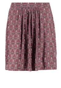 Růžová sukně s květinovým vzorem a řaseným pasem, zdobená tmavozelenými a červenými motivy. Vyrobena z lehkého, měkkého materiálu.