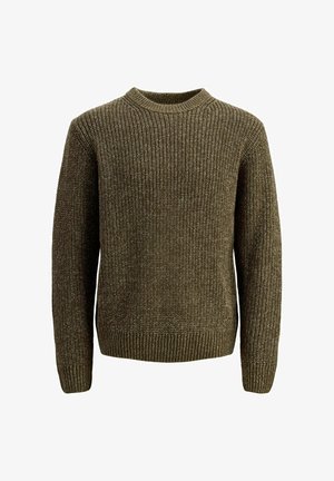 Pletena dukserica u maslinasto zelenoj boji. Rebrasta tekstura, okrugli izrez, duži rukavi. Jednostavan dizajn s regularnim krojem.