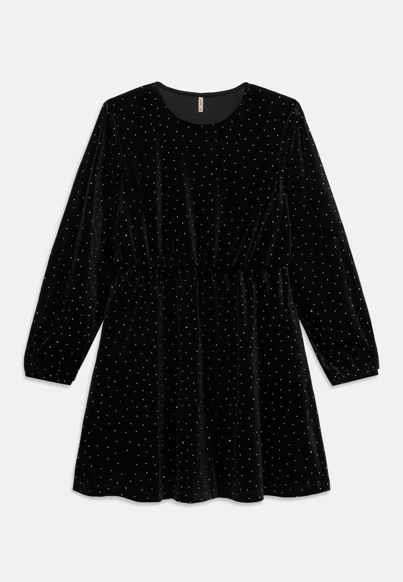 Vestido de veludo preto com mangas longas, decote redondo e cintura elástica. Decorado com pontos prateados, textura suave e saia rodada.