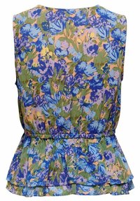 Ärmelloses Oberteil mit floralem Muster in Blau, Lila und Grün, mit gerafftem Saum und elastischem Bund für eine lockere Passform.