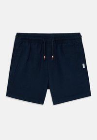 Mörkblå shorts i mjukt tyg med elastisk midja, justerbar dragsko med röda och vita detaljer samt sidofickor.