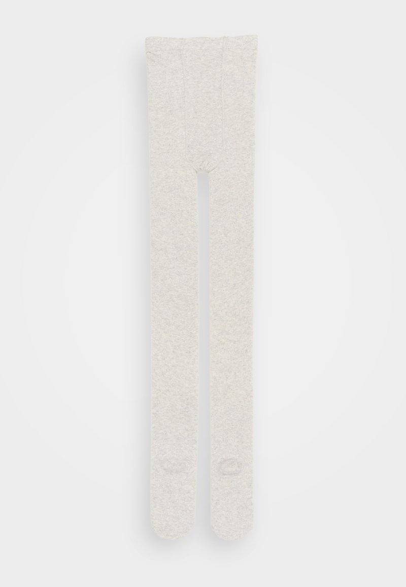 Graue Strumpfhosen mit einer weichen, strukturierten Oberfläche und einem elastischen Bund. Die Beine sind lang und schmal zulaufend, enden in abgerundeten Zehen.
