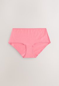 Pink seamless high-waist women's underwear made of soft fabric, displayed flat on a light gray background.