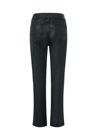 Black, stretchy fabric pants with a high waistband, straight leg design, and two back pockets. Smooth texture with no visible patterns.