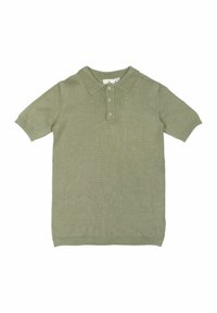Pletené polo tričko v olivově zelené barvě s límečkem, zapínáním na tři knoflíky, krátkými rukávy a jemnou strukturou po celé ploše.