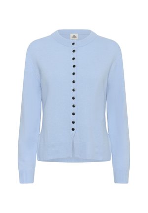 Cardigan en tricot bleu clair avec col rond, fermeture à boutons noirs, poignets et ourlet côtelés. Coupe droite avec fentes latérales.