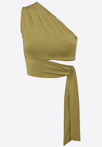 Asymmetrical olive green top in a smooth, stretch fabric. Features one sleeve, draped design, and a side tie accent for a fitted look.