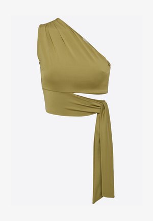 Asimetrisks olivu zaļš tops, izgatavots no gludas, elastīgas auduma. Ievērojama viena piedurkne, plūstošs dizains un sānu sasiešanas akcenti, lai iegūtu pieguļošu izskatu.