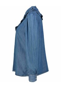 Camicia in denim di colore azzurro chiaro, con colletto arricciato, maniche lunghe e polsini con bottoni. Tessuto morbido con una vestibilità comoda.