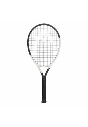 Tennisschläger mit schwarzem und weißem Rahmen und schwarzem Griff, Saiten bilden ein gleichmäßiges Gitter über dem ovalen Kopf.