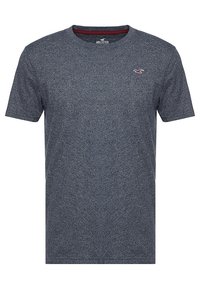 Camiseta de hombre de manga corta en azul marino oscuro con una textura jaspeada, escote redondo y un pequeño logotipo en el pecho.