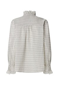 Blouse blanche à manches longues avec motif à carreaux gris, col haut à volants, empiècement dos froncé et poignets à volants avec détails de boutons.