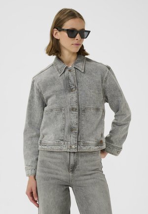 Veste en denim grise avec une fermeture à boutons, deux grandes poches plaquées et un col. Portée avec un pantalon en denim gris assorti.