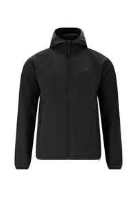 Musta takki, joka on valmistettu sileästä, vedenpitävästä materiaalista, varustettuna istuvalla hupulla, etuvetoketjulla ja kahdella sivutaskulla. Minimalistinen brändäys.