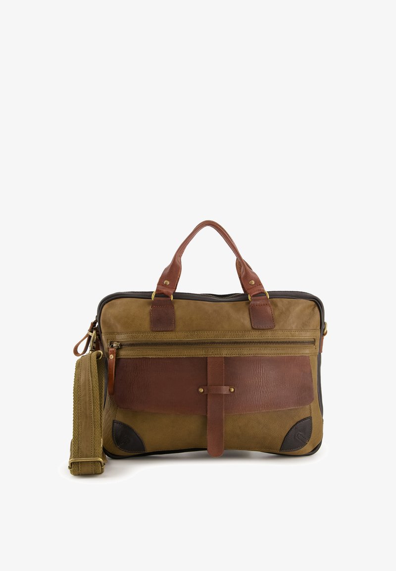 Brun læder- og canvas taske med dobbelte håndtag, justerbar skulderrem, frontlomme og strukturerede detaljer. Firkantet form med syede detaljer.