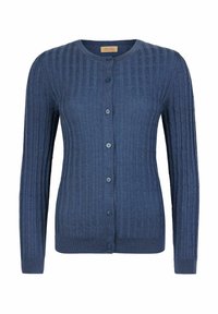Niebieski kardigan prążkowany z okrągłym dekoltem, zapięciem na guziki z przodu i długimi rękawami. Posiada teksturowany materiał i pasujące guziki.
