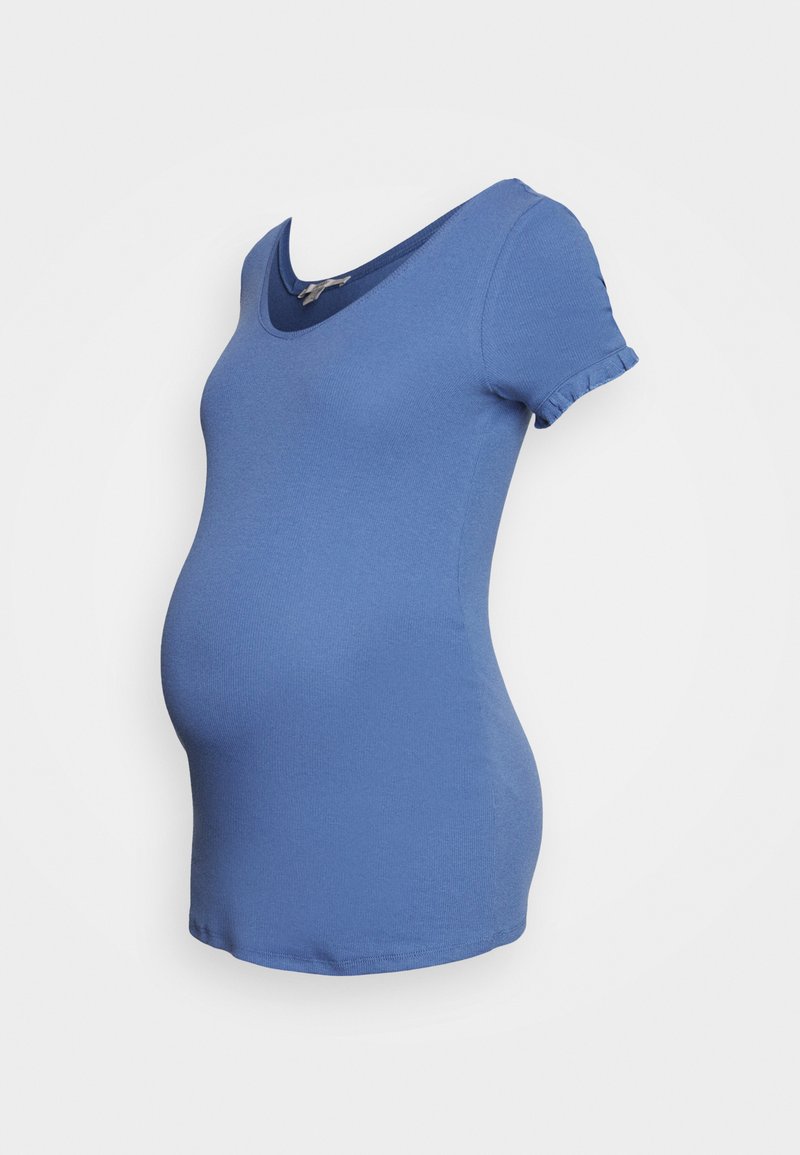 T-shirt de maternidade em azul sólido, feito de um tecido macio. Apresenta um decote em forma de scoop e mangas curtas com bordas em babados. Design ajustado ao corpo.