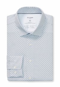 Weißes Hemd mit einem hellblauen geometrischen Muster, ausgestattet mit einem klassischen Kragen, langen Ärmeln und geknöpften Manschetten, aus flexiblem Jersey-Material gefertigt.