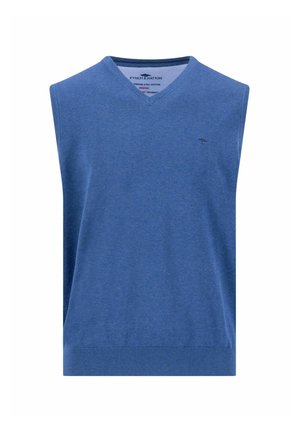 Blauwe mouwloze trui met V-hals, klein geborduurd logo op de linkerborst en geribde zoom.