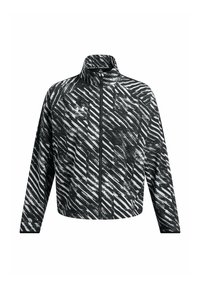 Schwarz-weiße Sportjacke mit hohem Kragen, durchgehendem Reißverschluss und einem diagonalen Streifenmuster mit leicht strukturiertem Oberflächen. 