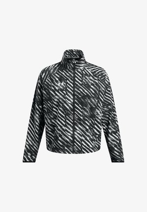 Schwarz-weiße Sportjacke mit hohem Kragen, durchgehendem Reißverschluss und einem diagonalen Streifenmuster mit leicht strukturiertem Oberflächen.