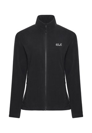 Zwarte fleecejas met een hoge kraag en een volledige rits. Voorzien van zijzakken en het Jack Wolfskin-logo geborduurd op de borst.