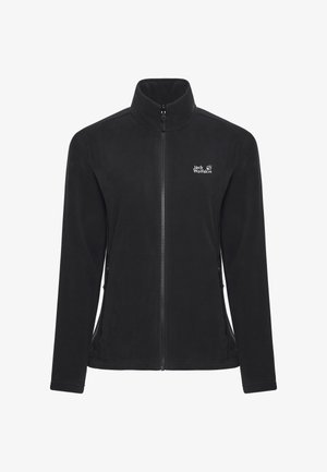 Veste en polaire noire avec col haut et fermeture éclair intégrale. Comprend des poches latérales et le logo Jack Wolfskin brodé sur la poitrine.