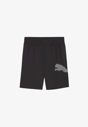 Sorte atletiske shorts lavet af letvægtsstof, med en elastisk talje og et reflekterende logo af en springende kat på siden.