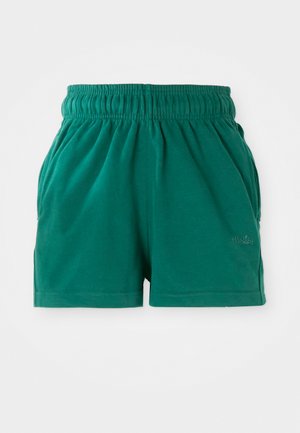Green elastic waist casual shorts with side pockets and subtle logo on the front right leg.
