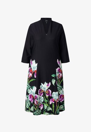 Vestito nero con scollo a V e maniche a tre quarti, caratterizzato da motivi floreali colorati in viola, rosa e verde sull'orlo.