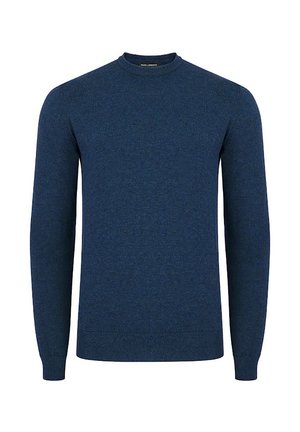 Granatowy sweter z okrągłym dekoltem, wykonany z dzianiny, z długimi rękawami oraz prążkowanymi mankietami i dołem. Czysty design bez wzorów czy akcentów.