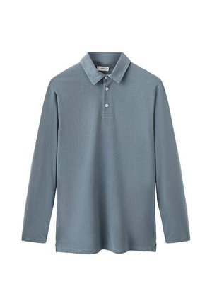 Langärmliges Poloshirt in einem sanften, gedämpften Blauton. Mit einem Kragen, einer Drei-Knopf-Leiste und einer leichten, glatten Textur.