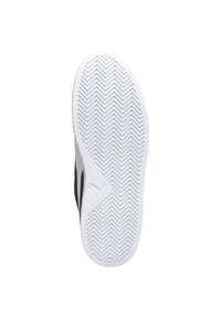 Suela de zapatilla blanca con patrón de espiga y un diseño lateral negro. Presenta un logo cerca del talón. Material de goma resistente.